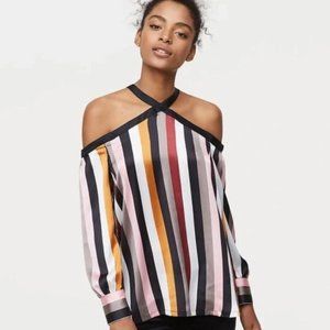 Ann Taylor Loft -Multi Color Stripe Satin Halter Off The Shoulder top/mini dress